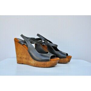 Vintage Sbicca Leather & Wood Clogs Mules Platforms Wedges Wood 7 narrow